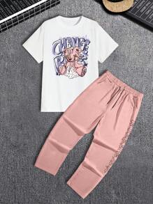 Manfinity RSRT 男士卡通和文字印花短袖t恤和長褲2件套裝 - 彩色 - 查看 3