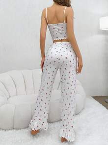 Frilled Edge Floral Print Cami & Long Pants Pajamas Set - White - View 2