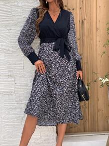 SHEIN LUNE 碎花印花拼布斜襟系腰连衣裙 - 黑色 - 查看 5