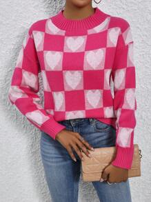 SHEIN LUNE Suéter de tricô com ombros caídos e estampa de corações e xadrez para outono/inverno. - Rosa - Ver 1