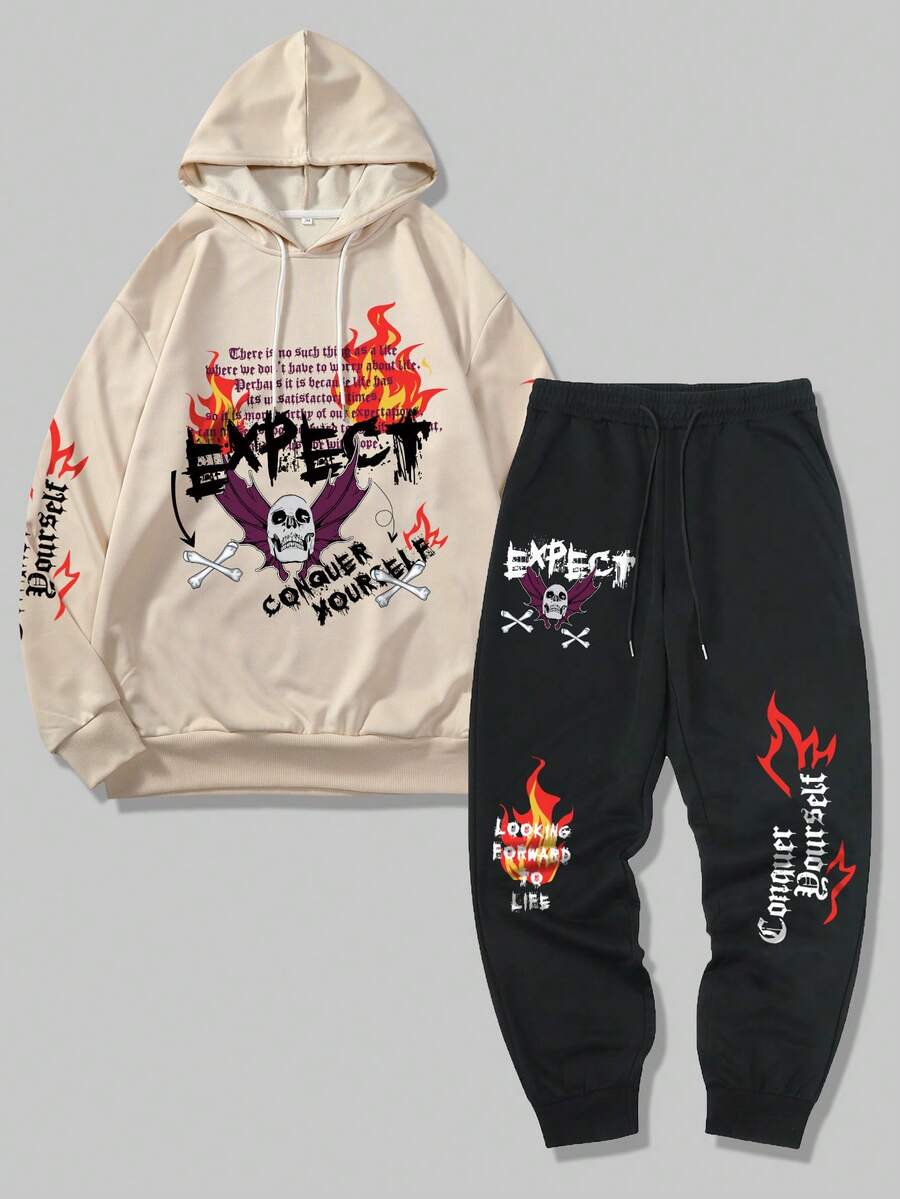 ROMWE MEN Street Life 男款骷髏印花帶標語帽衫和運動長褲,2入組 - 卡其色 - 查看 1