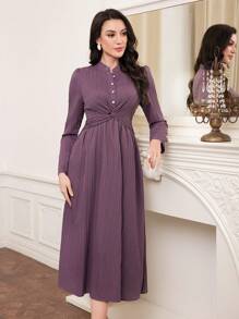 Modelyn Twisted Detail Long Sleeve Dress - Purple - View 1