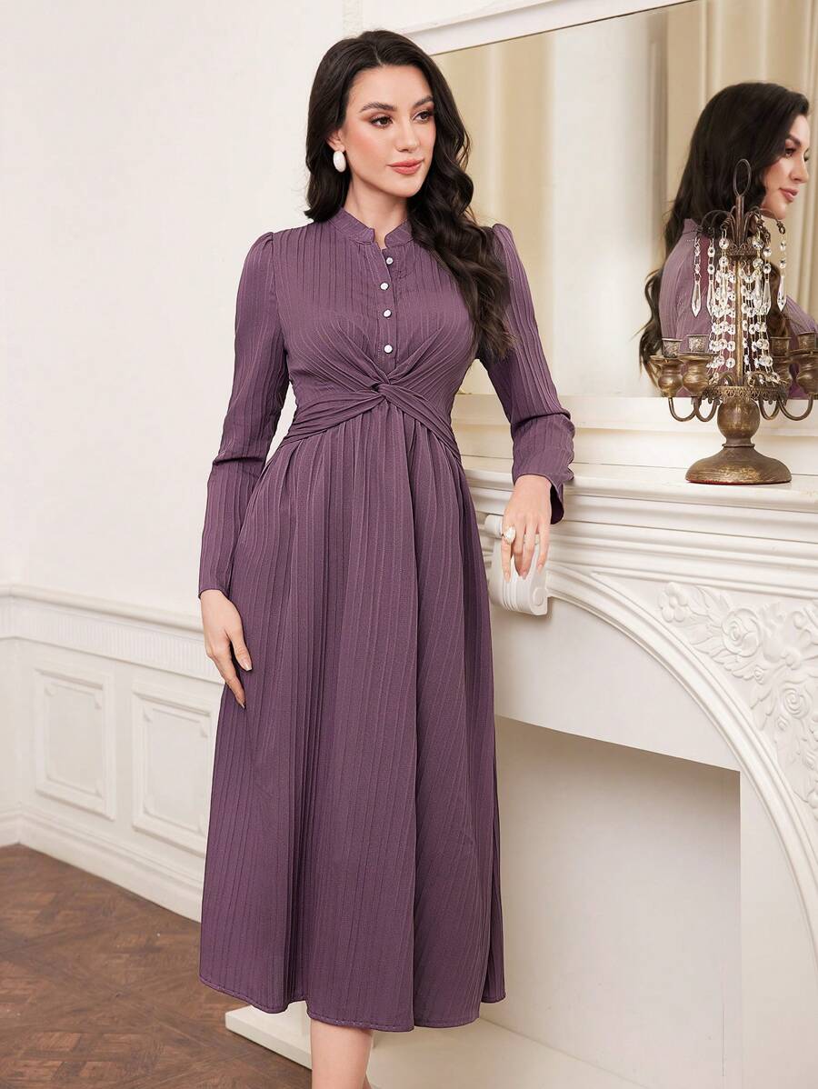 Modelyn Twisted Detail Long Sleeve Dress - Purple - View 1