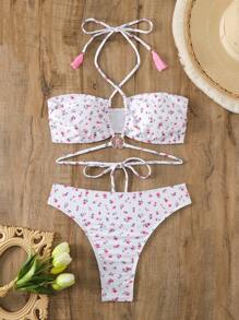 SHEIN Swim Summer Floral Print Cross Halter Neck Bikini Set - Multicolor - View 7