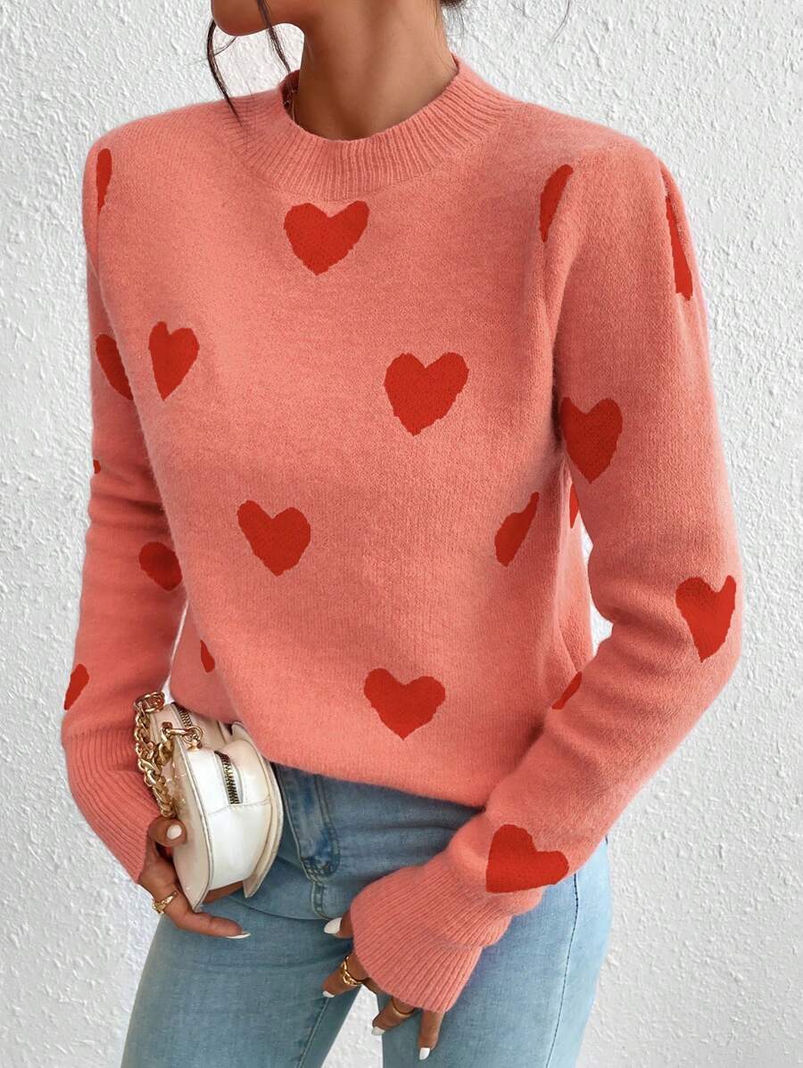 SHEIN Unity Áo len chui đầu cổ tròn vai họa tiết trái tim, thích hợp cho mùa thu đông. - trái cam - Xem 1