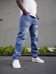 Manfinity EMRG Jeans Masculino Plus Size Lavado Com Água Rasgado