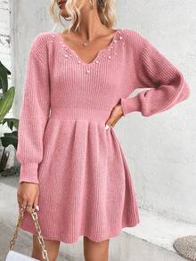 SHEIN Clasi V-neck Beaded Lantern Sleeve Sweater Dress - Baby Pink - View 3