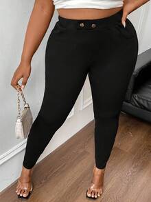 Flirla 大尺碼女士斜口袋修身打底褲 - 黑色 - 查看 5