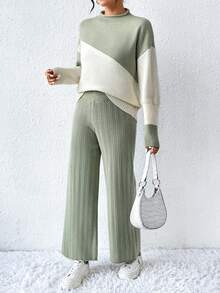 SHEIN Frenchy 撞色立領落肩針織衫褲套裝 - 彩色 - 查看 4