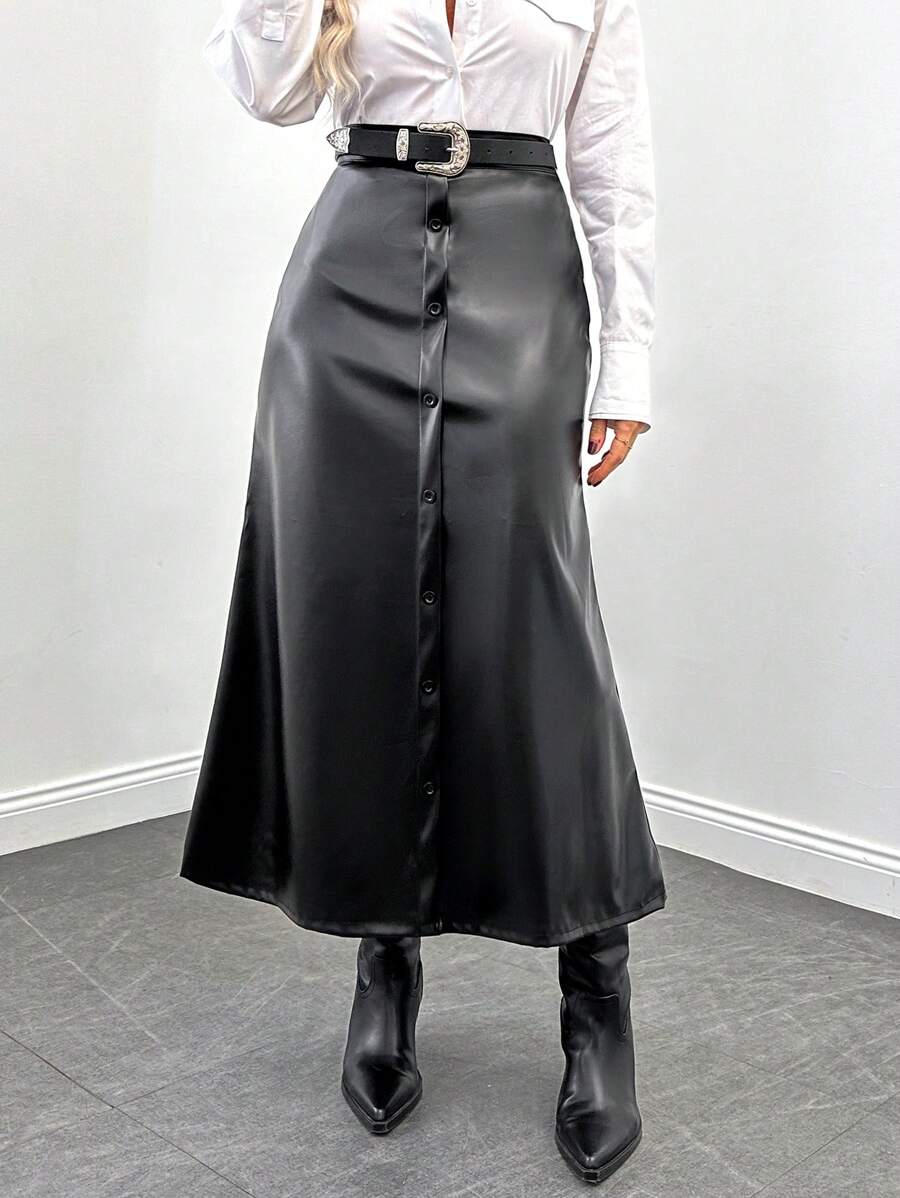 EURMUSE High Waist Skirt With Tail Hem And Button Closure - Black - View 1