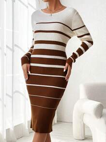 SHEIN Clasi Vestido Suéter De Punto Acanalado A Rayas De Bloque De Color Para Mujer - Marrón - Ver 4