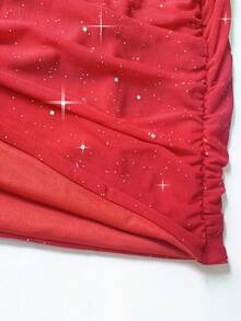 Women Sequin Skinny Pleated Mesh Bodycon Spaghetti Strap Mini Dress Glitter Christmas Party Rave Outfits - Red - View 8
