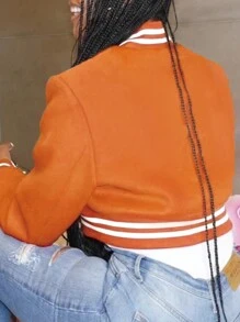 Veste de baseball courte pour femmes avec fermeture à boutons, rayures et couleurs contrastées, automne - Orange - Voir 4