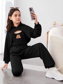 SHEIN Tween Girls Fashionable Street Style Hooded Knit Sweatshirt With Camisole Top And Jogger Pants - Black - View 2