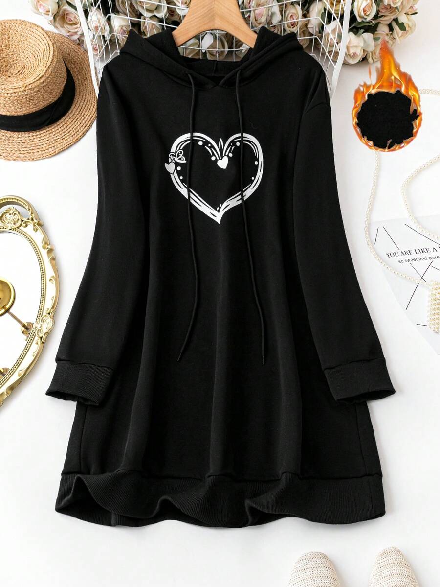 SHEIN LUNE 大尺碼心形圖案設計與抽繩細部連帽運動衫 - 黑色 - 查看 1