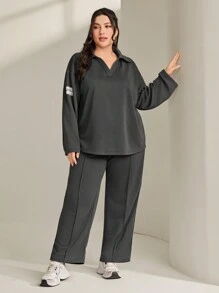 Mulvari Plus Size Women'S Letter Patchwork Turn-Down Collar Sweatshirt And Long Pants Set - Dark Grey - View 1