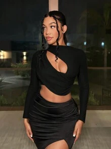 SHEIN SXY 女士镂空不对称下摆上衣 - 黑色 - 查看 4