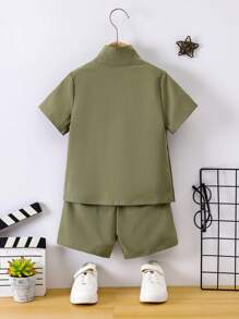 SHEIN Toddler Boys' Color Block Half Placket Short Sleeve Top And Shorts Set With Zipper - Multicolor - View 2