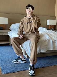 DAZY Men's Letter Printed Drawstring Hoodie And Jogger Pants Two-piece Set - Khaki - View 5