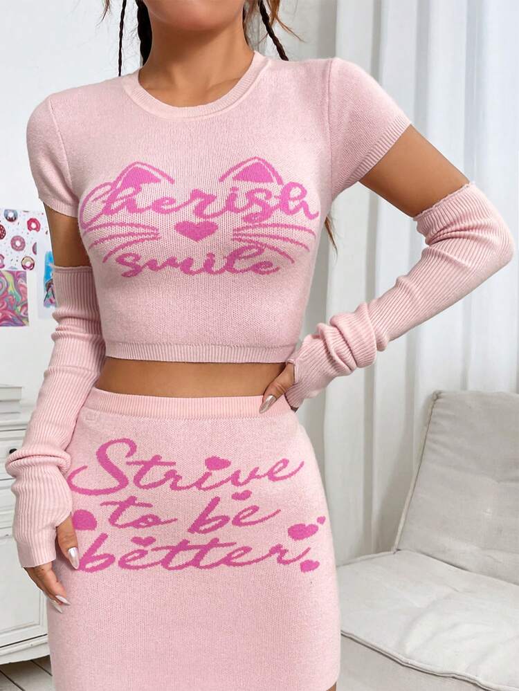 Cartoon And Letter Pattern Cropped Knit Top + Sleeve Cover