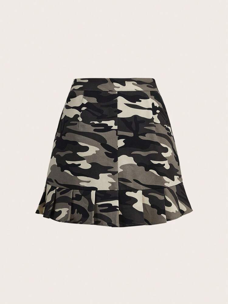 Women's Camouflage Pleated Skirt With Flounce Hem