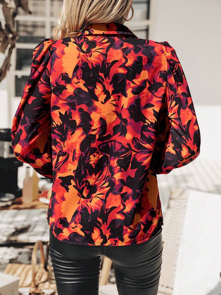 Women's Lantern Sleeve Shirt With Plant Print Fall Cloth For Women