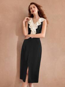 MOTF PREMIUM 编织女式撞色荷叶边开衩下摆连衣裙，情人节装 - 黑色 - 查看 4