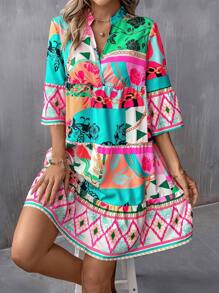 SHEIN LUNE 小飛俠領印花拼布荷葉邊袖娃娃裝連身裙 - 彩色 - 查看 4