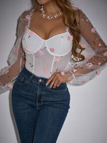 SHEIN Unity Flower Embroidery Sweetheart Neckline Bodysuit Fall Cloth For Women - Multicolor - View 5