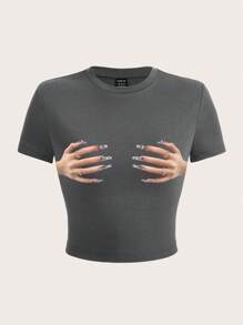 SHEIN EZwear 夏季女士短袖貼身T恤，帶棕櫚樹印花，常規版型 - 深灰色 - 查看 1