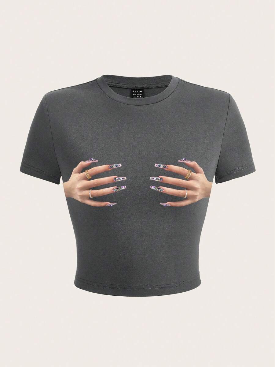 SHEIN EZwear 夏季女士短袖貼身T恤,帶棕櫚樹印花,常規版型 - 深灰色 - 查看 1
