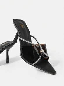 SheIn SXY 女款時尚黑色尖頭粗中跟鞋,附水鑽細節 - 黑色 - 查看 1