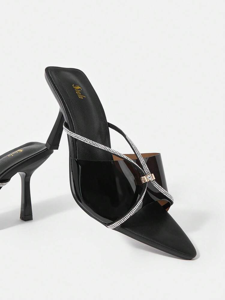 Women's Fashionable Black Pointed Toe Chunky Mid Heel Shoes With Rhinestone Detailing