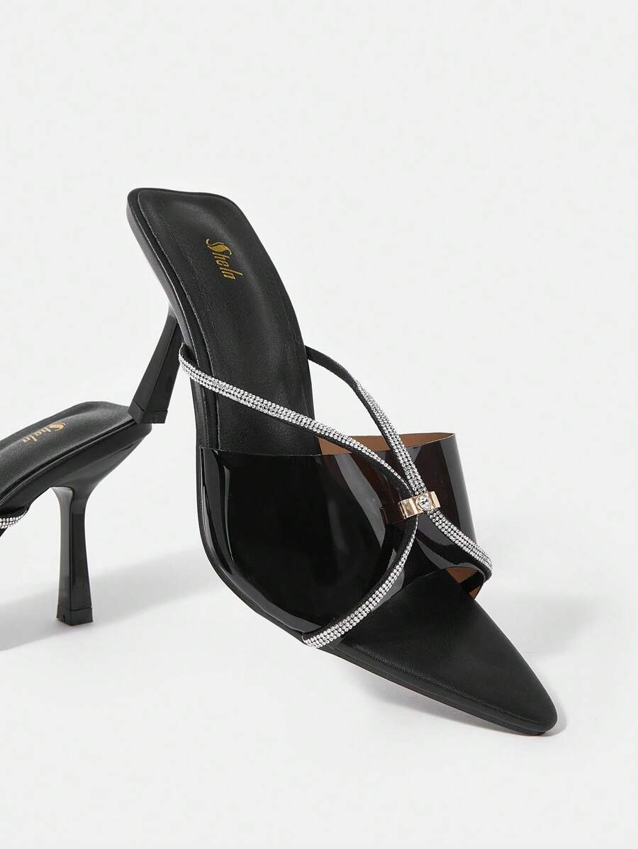 SheIn SXY 女款時尚黑色尖頭粗中跟鞋,附水鑽細節 - 黑色 - 查看 1