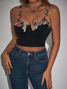 SHEIN Privé Hoa & Ren Nối Ngắn Áo ba lỗ Áo - màu đen - Xem 5