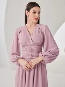 Modelyn Pearls Decorated Pleated Waist Lantern Sleeves Dress - Pink - View 5