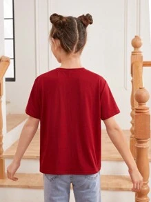 SHEIN 少女纯色圆领爱心图案针织T恤，母女装（两件分开出售），情人节 - 紅色 - 查看 7