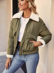 SHEIN LUNE Fuzzy Collar & Cuffs Zipper Front Padded Padded Coat Clothes Winter Fall Cloth For Women - Army Green - View 3