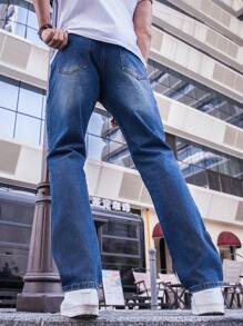 Manfinity EMRG 男士直筒牛仔褲,帶原邊設計 - 深色水洗藍 - 查看 2