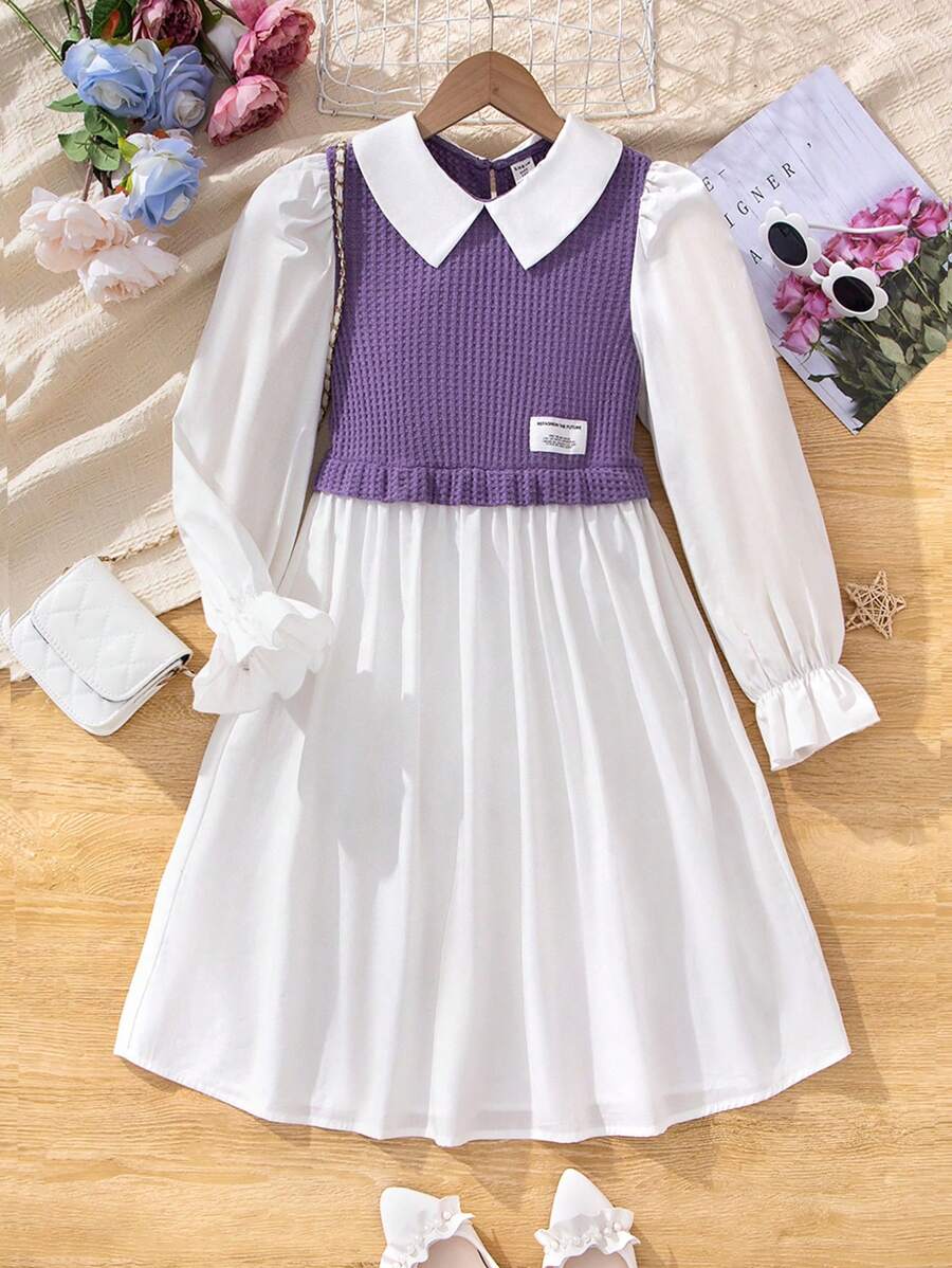 SHEIN 青少女保暖冬季休閒針織連衣裙衬衫，帶編織拼接