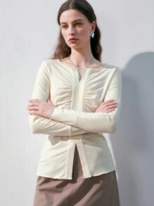 Anewsta Notched-neck Long Sleeve T-shirt