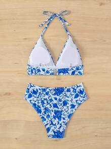 SHEIN Swim Women's Bikini Set With Blue And White Porcelain Floral Print For Summer Beach Vacation - Blue and White - View 6