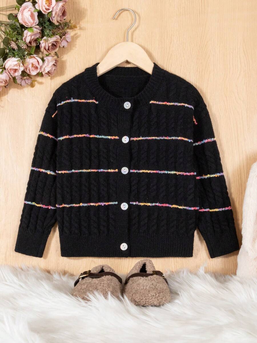 SHEIN Little Girls' Knitted Cardigan With Color Block Pattern - Black - View 1