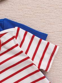 SHEIN مجموعة طفل رضيع متكاملة تتضمن قطعتين لل-تي-شيرت و ال-شورت بأكمام قصيرة وبطبعة خطوط حمراء وبيضاء