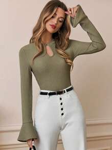SHEIN Frenchy Của phụ nữ Màu thuần Đường viền lỗ khóa Tay áo chuông Áo thun - Cà phê nâu - Xem 3