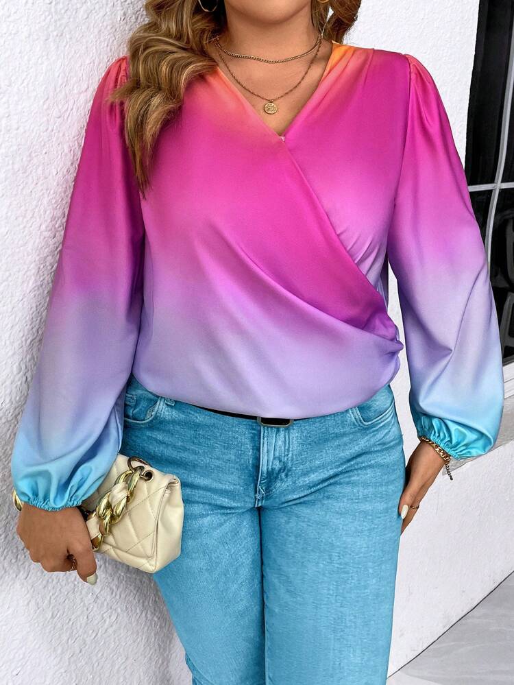 Plus Size Ombre Lantern Sleeve Wrap Blouse