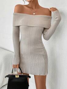 Chiquease 女款露肩毛衣連身裙 - 杏色 - 查看 3