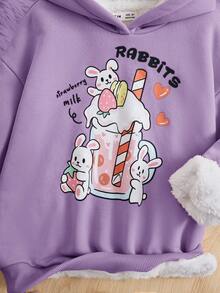 SHEIN 初中女生針織連帽毛絨衫,帶字母和兔子印花,休閒又甜美 - 淡紫色 - 查看 5