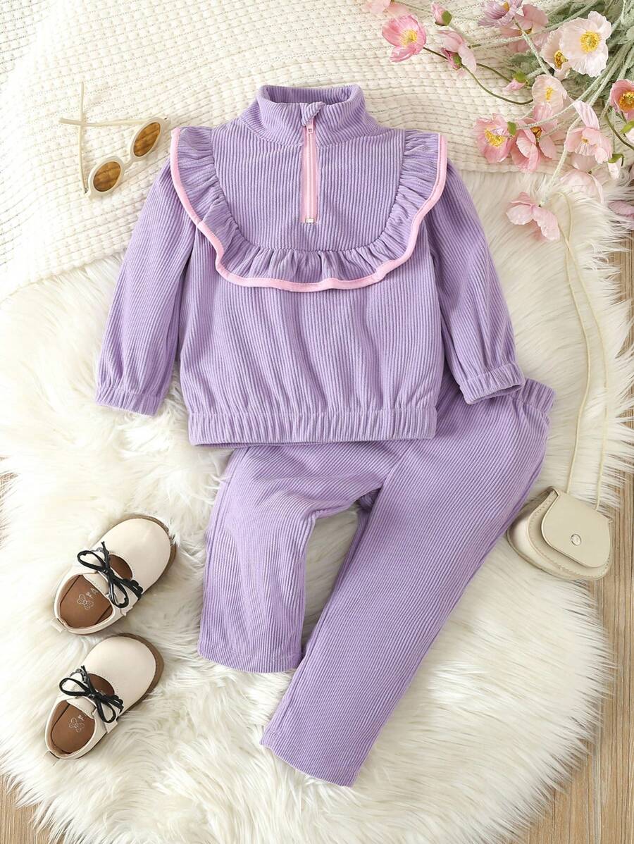 Infant Girls' Corduroy Top And Pants Set With Color Contrast & Ruffle Trim - Purple - View 1