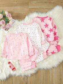Conjunto Casual De 6 Piezas Para Bebé Niña Con Estrellas Rosas Impresas En Manga Larga Y Pantalones Largos